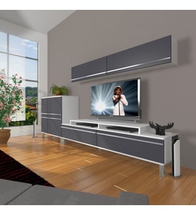 Decoraktiv Ekoflex 6y Mdf Krom Ayaklı Tv Ünitesi Tv Sehpası (Beyaz - Antrasit)