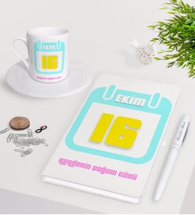 BK Gift Kişiye Özel Doğum Günü Takvim Beyaz Defter Kalem Türk Kahvesi Fincanı Seti-6 (Model 1)