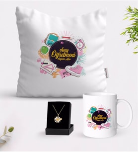 BK Gift Kişiye Özel Sınıf Öğretmeni Beyaz Kupa Yastık ve İsimli Papatya Kolye Hediye Seti-15 (Model 1)