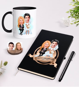 BK Gift Kişiye Özel Yılın En Mükemmel Çifti Karikatürlü Siyah Defter Kalem ve Kupa Seti-16 (Model 1)