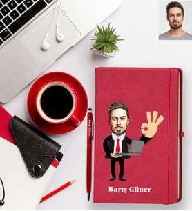 Kişiye Özel Patron Karikatürlü Kırmızı Defter Kalem Hediye Seti Bay-4