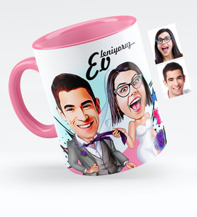 BK Gift Kişiye Özel Evleniyoruz Karikatürlü Pembe Kupa Bardak  6