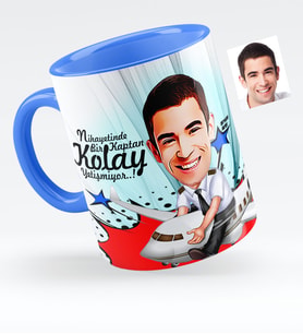 BK Gift Kişiye Özel Bay Kaptan Pilot Karikatürlü Mavi Kupa Bardak  1
