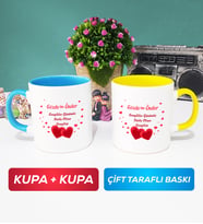 İkili Sevgiliye Sevgililer Günü Hediyesi 6 Kupa Bardak Mavi Sarı