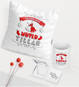 BK Gift Kişiye Özel Yılbaşı Mutlu Yıllar Temalı Beyaz Kupa Ayna Yastık Seti - 7