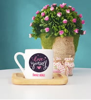 Love Yourself Tasarımlı Kişiye Özel Hediye Ahşap Altlıklı Türk Kahvesi Fincanı