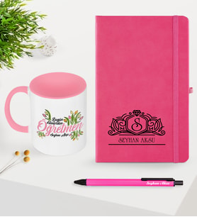 BK Gift Kişiye Özel Bugün Günlerden Öğretmen Temalı Pembe Defter Kalem Kupa Seti - 1