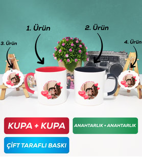 İkili Kırmızı Siyah Sevgiliye Sevgililer Günü Hediyesi 8 Kupa Bardak Anahtarlık