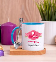 Kadınlar Günü Hediyesi Ahşap Altlıklı Mavi Kupa Bardak