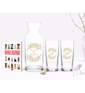 BK Gift Kişiye Özel Renkli Baskılı Baş Harf İsim Tasarımlı Tasarımlı İkili Rakı Bardağı Karaf ve Cep Kitabı Hediye Seti-7 (Model 1)