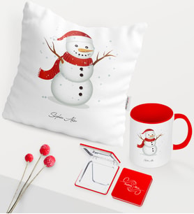 BK Gift Kişiye Özel Yılbaşı Kardan Adam Temalı Kırmızı Kupa Ayna Yastık Seti - 2