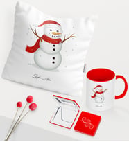 BK Gift Kişiye Özel Yılbaşı Kardan Adam Temalı Kırmızı Kupa Ayna Yastık Seti - 2