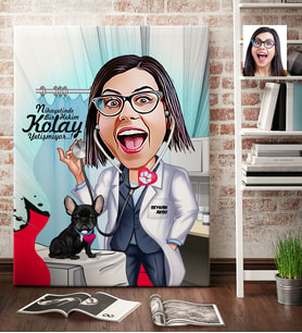 BK Gift Kişiye Özel Bayan Veteriner Hekim Karikatür Kanvas Tablo 70x100cm 1