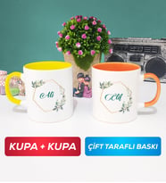 İkili Çiçek Tasarımlı İsme Özel Kupa Bardak Sarı Turuncu
