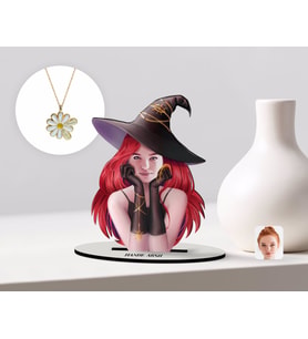 BK Gift Kişiye Özel Kadın Cadı Karikatürlü 3D Ahşap Biblo ve İsimli Tarihli Papatya Kolye Seti-2 (Model 1)