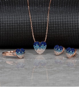 Gümüş Renkli Zirkon Taşlı " Kalp " Tasarım Kolye-Küpe-Yüzük Set (Rose)