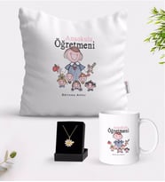 BK Gift Kişiye Özel Anaokulu Öğretmeni Beyaz Kupa Yastık ve İsimli Papatya Kolye Hediye Seti-2 (Model 1)