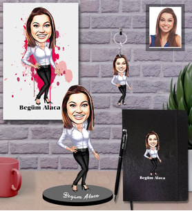 Kişiye Özel Öğretmen Karikatürlü 5 li Hediye Seti Bayan-10