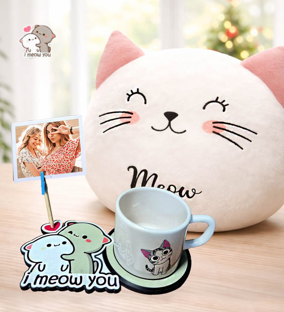 Kişiye Özel Fotoğraflı I Meow You Kedi Figürlü Kupa & Kedi Polar Yastık
