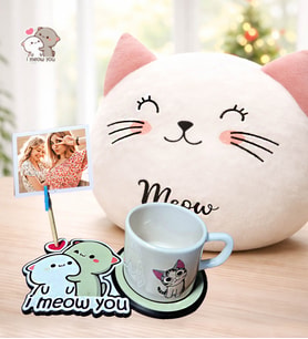 Kişiye Özel Fotoğraflı I Meow You Kedi Figürlü Kupa & Kedi Polar Yastık