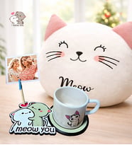 Kişiye Özel Fotoğraflı I Meow You Kedi Figürlü Kupa & Kedi Polar Yastık