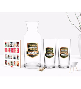 BK Gift Kişiye Özel Renkli Baskılı Yarıya Kadar Değil Yaraya Kadar Tasarımlı İkili Rakı Bardağı Karaf ve Cep Kitabı Hediye Seti-5 (Model 1)