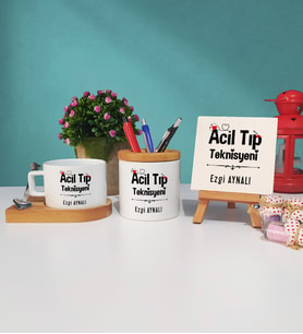 Acil Tıp Teknisyeni Tasarımlı Kişiye Özel Hediye Acil Tıp Teknisyeni Ahşap Altlıklı Fincan Kalemlik ve Dekoratif Taş Baskı Seti