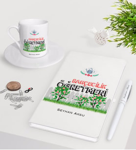 BK Gift Kişiye Özel Bahçecilik Öğretmeni Beyaz Defter Kalem Türk Kahvesi Fincanı Seti-2 (Model 1)