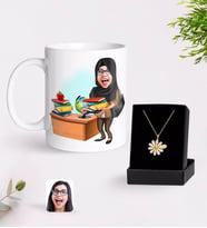 BK Gift Kişiye Özel Bayan Öğretmen Karikatürlü Kupa Ve Papatya Kolye Hediye Seti-8 (Model 1)