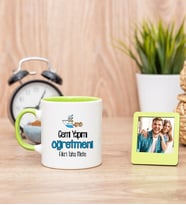 Gemi Yapımı Öğretmeni Yeşil Kupa Bardak ve Yeşil Mini Fotoğraf Çerçevesi