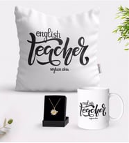 BK Gift Kişiye Özel İngilizce Öğretmeni Beyaz Kupa Yastık ve İsimli Papatya Kolye Hediye Seti-15 (Model 1)