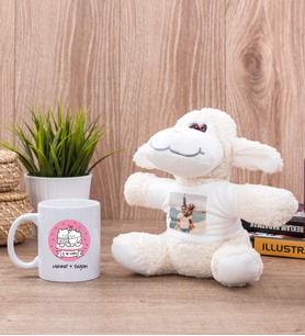 Aşık Çiftlere Özel Beyaz Kupa Bardak ve Peluş Koyun