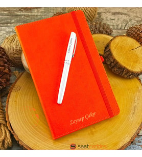 İsme Özel Termo Deri Turuncu Defter Roller Kalem Set