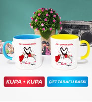 İkili Sevgiliye Sevgililer Günü Hediyesi 10 Kupa Bardak Mavi Sarı