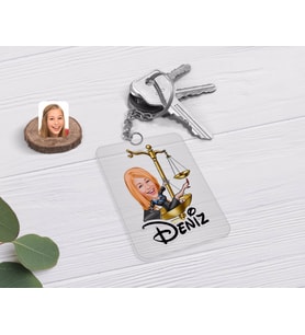 BK Gift Kişiye Özel Kadın Avukat Karikatürlü Şeffaf Pleksi Anahtarlık-3 (Beyaz)