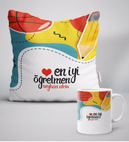 BK Gift Kişiye Özel En İyi Öğretmen Beyaz Yastık Kupa Seti-5 (Model 1)