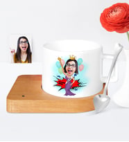 BK Gift Kişiye Özel Güzellik Kraliçesi Karikatür Ahşap Altlıklı Seramik Fincan  1