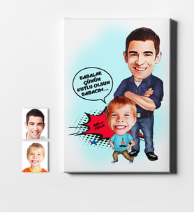 BK Gift Kişiye Özel Baba Oğul Karikatür Kanvas Tablo 50x70cm 2