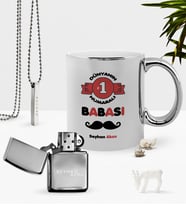 BK Gift Kişiye Özel Dünyanın 1 Numaralı Babası Krom Kupa Benzinli Çakmak Kolye Seti (Model 1)