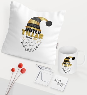 BK Gift Kişiye Özel Yılbaşı Mutlu Yıllar Temalı Beyaz Kupa Ayna Yastık Seti - 8