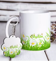BK Gift Kişiye Özel Papatya Tasarımlı Beyaz Kupa ve Anahtarlık Hediye Seti-3 (Model 1)