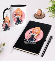 BK Gift Kişiye Özel Kadın Kuaför Karikatürlü Siyah Defter Kalem Kupa ve Anahtarlık Hediye Seti-3 (Model 1)