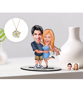 BK Gift Kişiye Özel Sevgililer Karikatürlü 3D Ahşap Biblo ve Çift İsimli Papatya Kolye Seti-14 (Model 1)