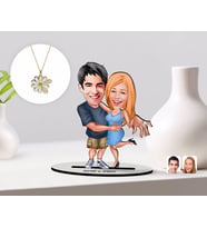 BK Gift Kişiye Özel Sevgililer Karikatürlü 3D Ahşap Biblo ve Çift İsimli Papatya Kolye Seti-14 (Model 1)