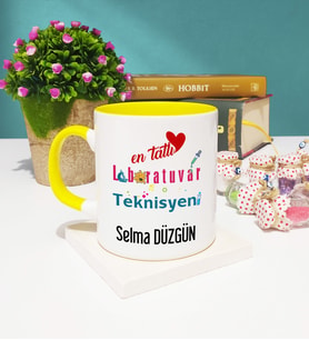 Mesajlı Laboratuvar Teknisyeni Tasarımlı Kişiye Özel Laboratuvar Teknisyeni Kupa Bardak Sarı
