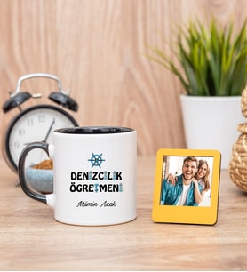 Denizcilik Öğretmeni Siyah Kupa Bardak ve Sarı Mini Fotoğraf Çerçevesi