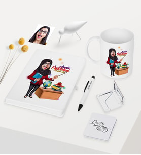BK Gift Kişiye Özel Bayan Arapça Öğretmeni Temalı Karikatürlü Beyaz Defter Kalem Kupa Ayna Seti - 1