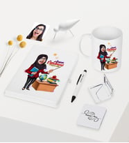 BK Gift Kişiye Özel Bayan Arapça Öğretmeni Temalı Karikatürlü Beyaz Defter Kalem Kupa Ayna Seti - 1