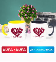 İkili Love Tasarımlı Sevgililer Günü Hediyesi Kupa Bardak Sarı Siyah