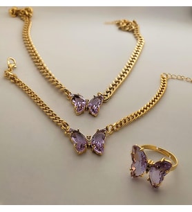 Kelebek Choker Kolye Bileklik Yüzük Set Lila